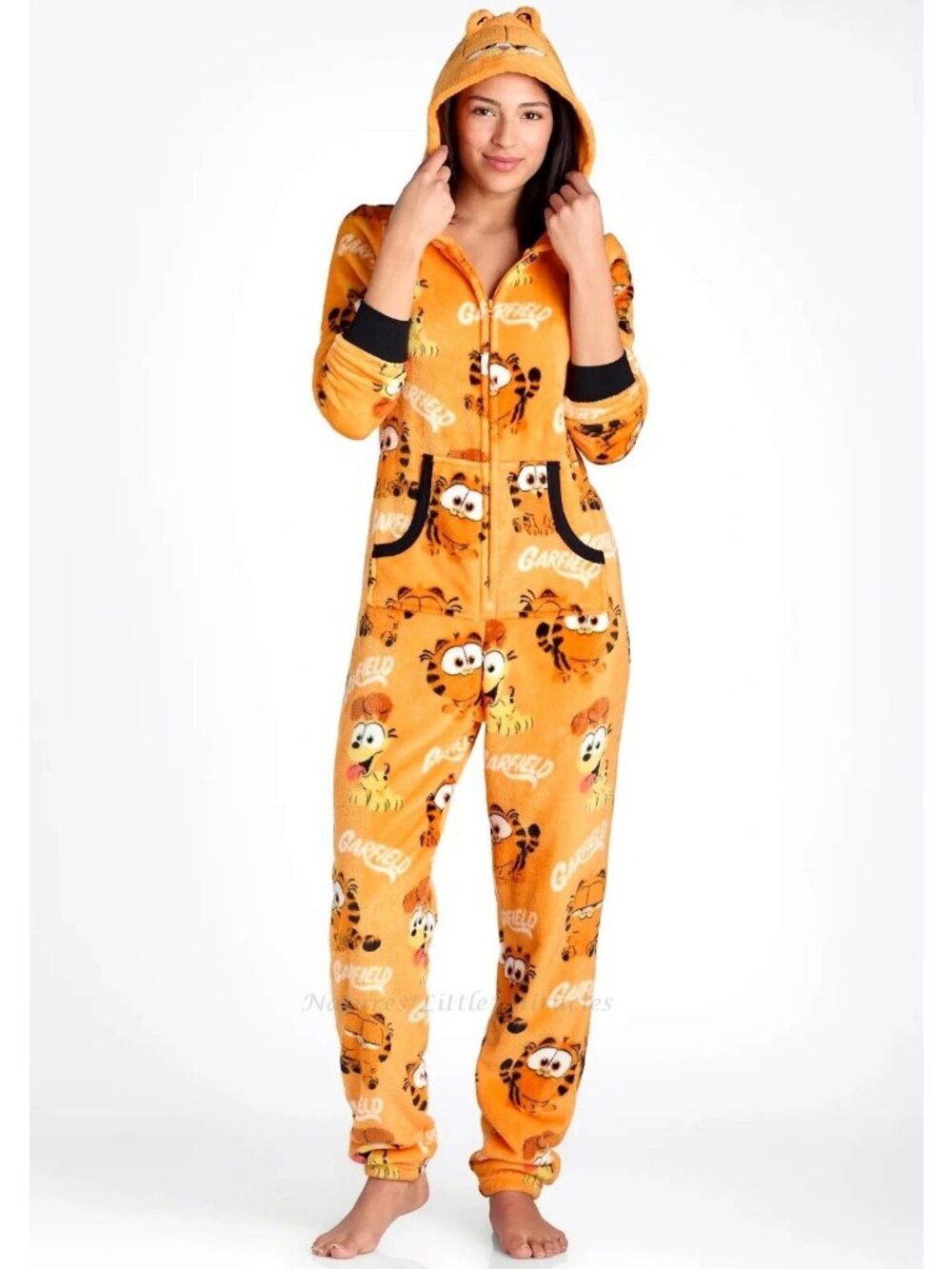 Garfield Plush Fleece Union Suit Hooded One Piece Pajamas Women’s XS Orange Zip